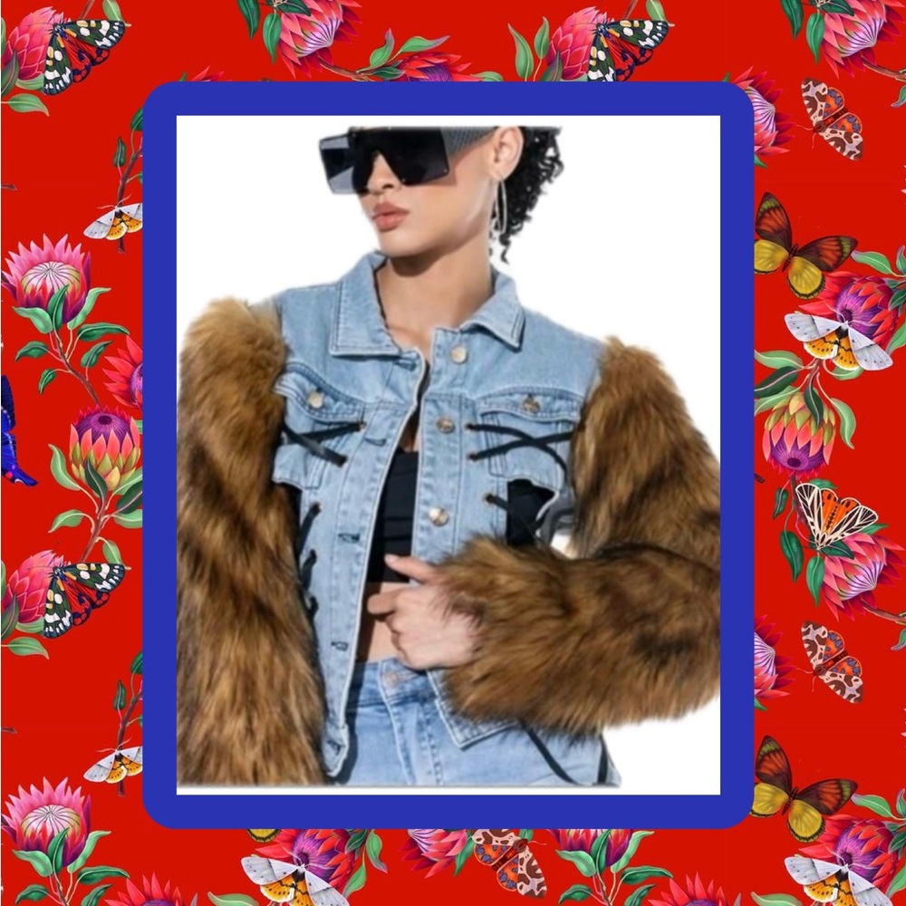 AKIRA By Azalea Wang Corset Faded Jean Jacket With Faux Fur Sleeves 2X Perfect